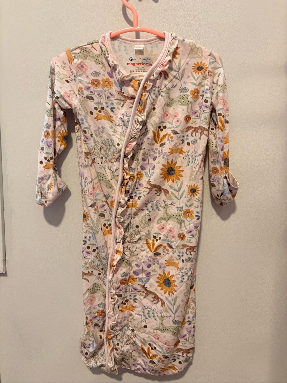 Magnetic Me Floral Ruffle Baby Gown - Pink with Mustard & Green Accents
